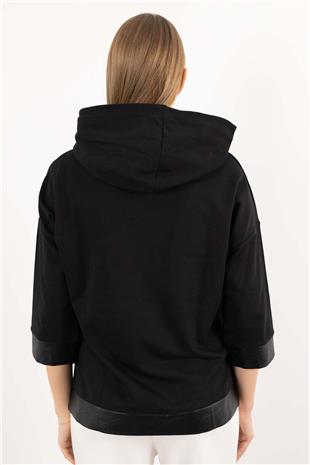 Kapüşon Detay Ekoseli Taş Baskılı Dikdörtgen Bluz