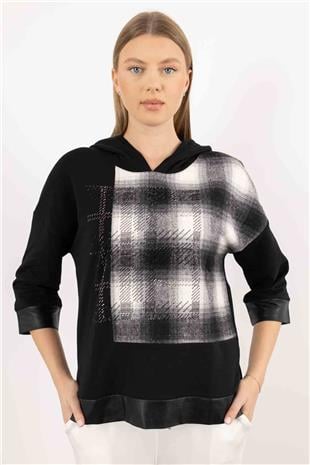 Kapüşon Detay Ekoseli Taş Baskılı Dikdörtgen Bluz