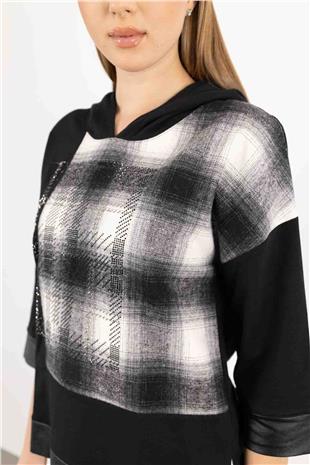 Kapüşon Detay Ekoseli Taş Baskılı Dikdörtgen Bluz