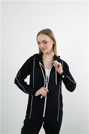 Kapüşon Detaylı Beyaz Şerit Detaylı Ceket