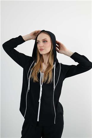 Kapüşon Detaylı Beyaz Şerit Detaylı Ceket