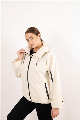 Kapüşon Detaylı Cepli Fermuarlı Beli Büzgü Detaylı Ceke