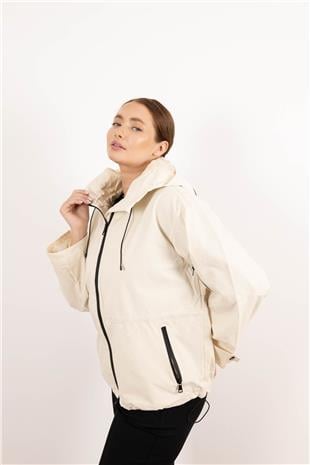 Kapüşon Detaylı Cepli Fermuarlı Beli Büzgü Detaylı Ceke