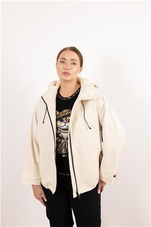 Kapüşon Detaylı Cepli Fermuarlı Beli Büzgü Detaylı Ceke