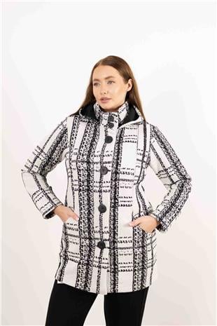 Kapüşon Detaylı Düğme Ve Cepli İki Renkli Uzun Hırka