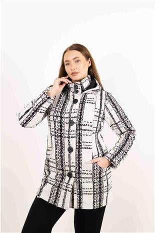 Kapüşon Detaylı Düğme Ve Cepli İki Renkli Uzun Hırka