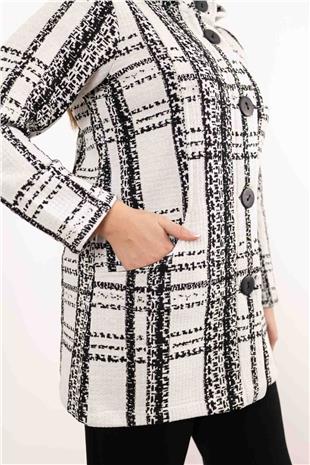 Kapüşon Detaylı Düğme Ve Cepli İki Renkli Uzun Hırka