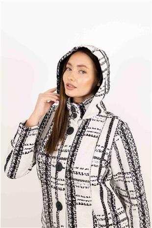 Kapüşon Detaylı Düğme Ve Cepli İki Renkli Uzun Hırka