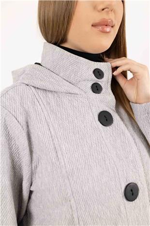 Kapüşon Detaylı Düğmeli Uzun Kollu Cepli Uzun Hırka
