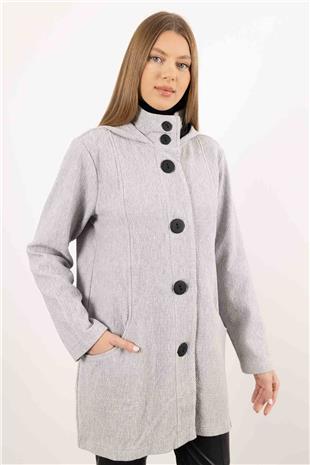 Kapüşon Detaylı Düğmeli Uzun Kollu Cepli Uzun Hırka
