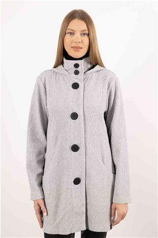Kapüşon Detaylı Düğmeli Uzun Kollu Cepli Uzun Hırka