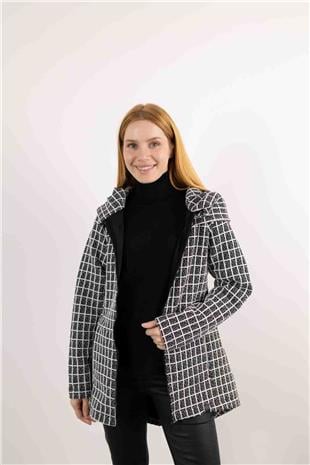 Kapüşon Detaylı Kare Desenli Örme Hırka