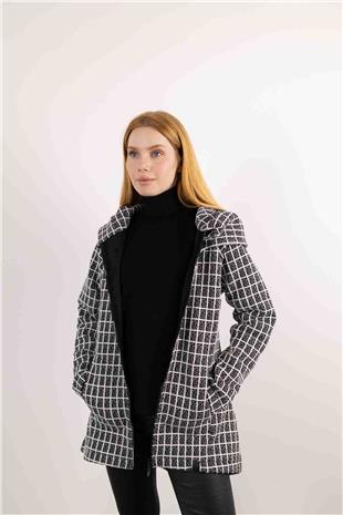 Kapüşon Detaylı Kare Desenli Örme Hırka