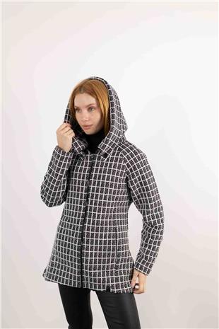 Kapüşon Detaylı Kare Desenli Örme Hırka