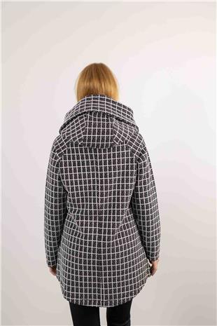 Kapüşon Detaylı Kare Desenli Örme Hırka