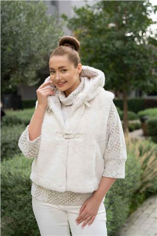 Kapüşon Detaylı Kürk Detaylı Kısa Kollu Yelek