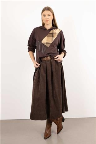 Kapüşon Detaylı Kürk Ve Deri Parçalı Taş Baskılı Bluz