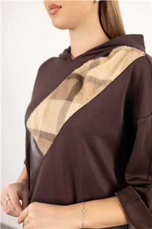 Kapüşon Detaylı Kürk Ve Deri Parçalı Taş Baskılı Bluz