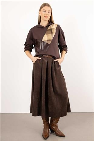 Kapüşon Detaylı Kürk Ve Deri Parçalı Taş Baskılı Bluz