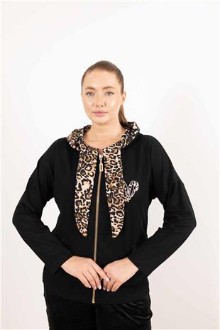 Kapüşon Detaylı Leopar Desenli Taş Ve Yazılı Hırka