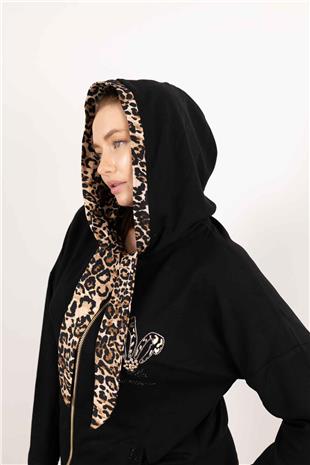 Kapüşon Detaylı Leopar Desenli Taş Ve Yazılı Hırka
