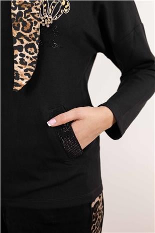 Kapüşon Detaylı Leopar Desenli Taş Ve Yazılı Hırka