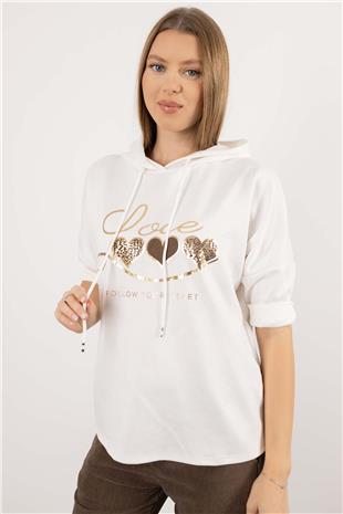 Kapüşon Detaylı Love Ve Kalp Baskılı Sweat