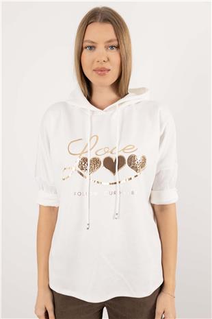 Kapüşon Detaylı Love Ve Kalp Baskılı Sweat