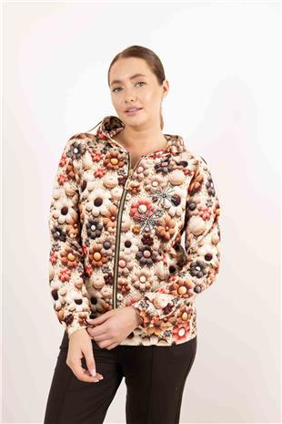 Kapüşon Detaylı Papatya Ve Taş Baskılı Hırka
