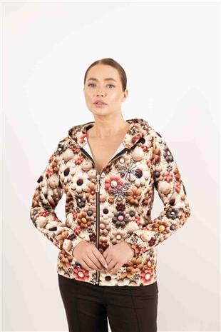 Kapüşon Detaylı Papatya Ve Taş Baskılı Hırka