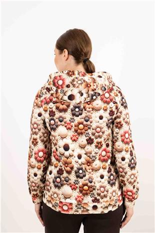 Kapüşon Detaylı Papatya Ve Taş Baskılı Hırka