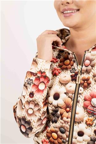 Kapüşon Detaylı Papatya Ve Taş Baskılı Hırka