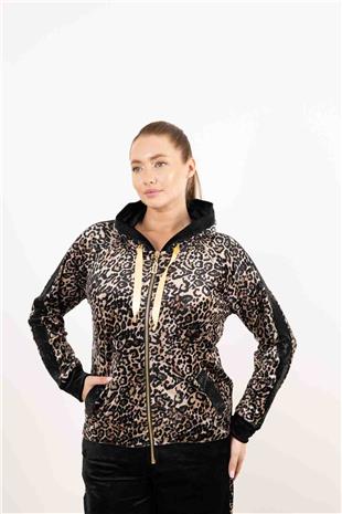 Kapüşon Detaylı Taş Ve Leopar Baskı Detay Pantlolon Takım