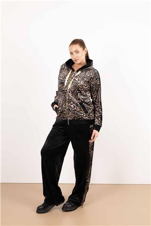 Kapüşon Detaylı Taş Ve Leopar Baskı Detay Pantlolon Takım