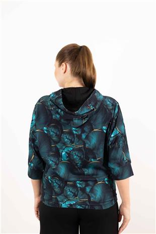 Kapüşon Detaylı Yaprak Taş Baskılı Desenli Hırka