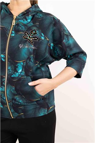 Kapüşon Detaylı Yaprak Taş Baskılı Desenli Hırka