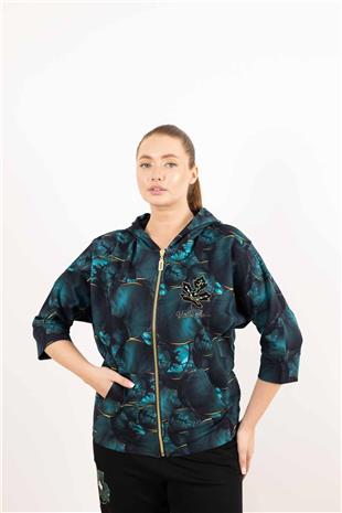 Kapüşon Detaylı Yaprak Taş Baskılı Desenli Hırka