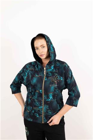 Kapüşon Detaylı Yaprak Taş Baskılı Desenli Hırka