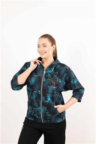 Kapüşon Detaylı Yaprak Taş Baskılı Desenli Hırka