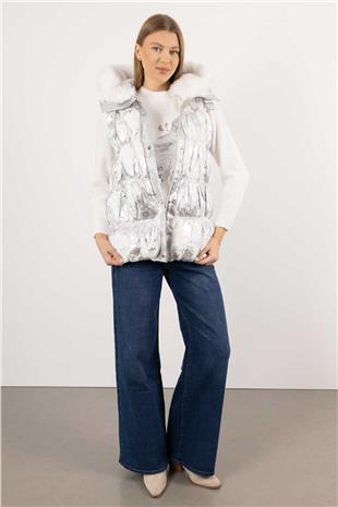 Kapüşon Ucu Peluş Detay Lame Baskı Yelek