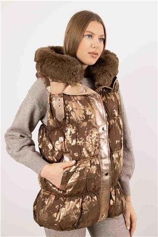 Kapüşon Ucu Peluş Detay Lame Baskı Yelek