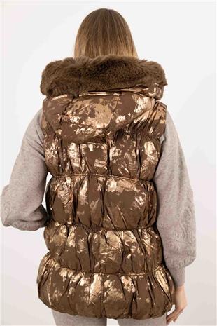 Kapüşon Ucu Peluş Detay Lame Baskı Yelek