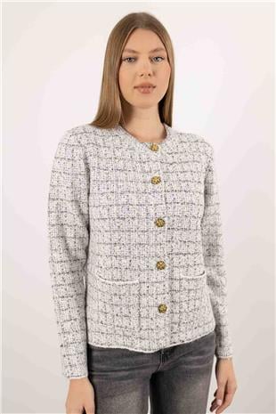 Kare Desen Gold Düğme Detay Çift Cepli Hırka