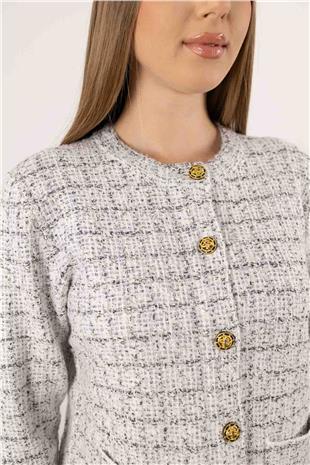 Kare Desen Gold Düğme Detay Çift Cepli Hırka