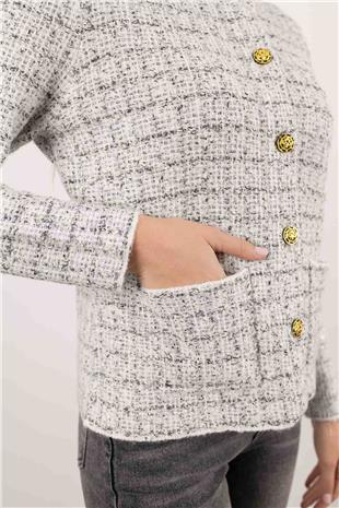 Kare Desen Gold Düğme Detay Çift Cepli Hırka