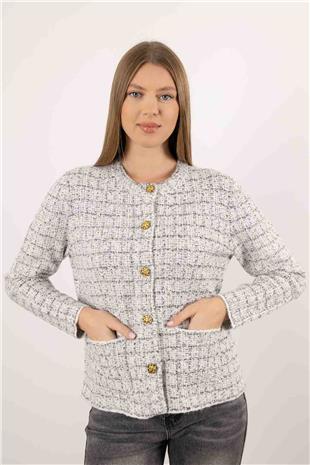 Kare Desen Gold Düğme Detay Çift Cepli Hırka
