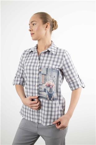 Kare Desenli Çiçek Baskı Detaylı Gömlek