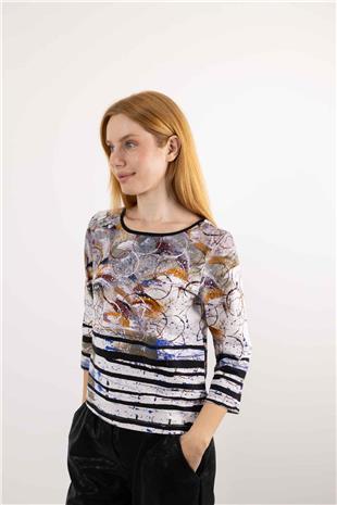 Karışık Desenli Örme Uzun Kollu Bluz