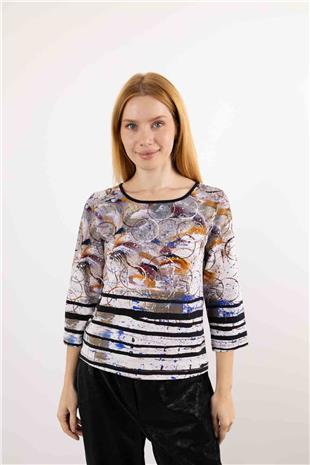 Karışık Desenli Örme Uzun Kollu Bluz