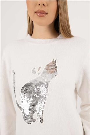 Kedi Desen Pul İşleme Detay Triko